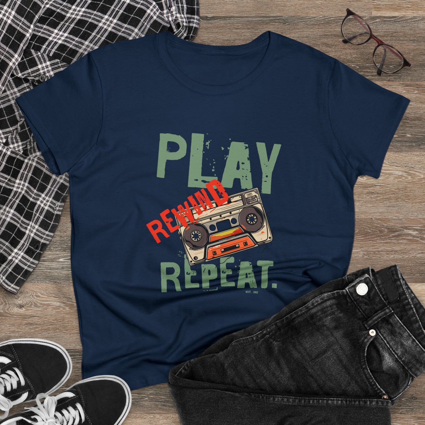 Play Rewind Repeat. Classic Cassette Tape Midweight Cotton Tee