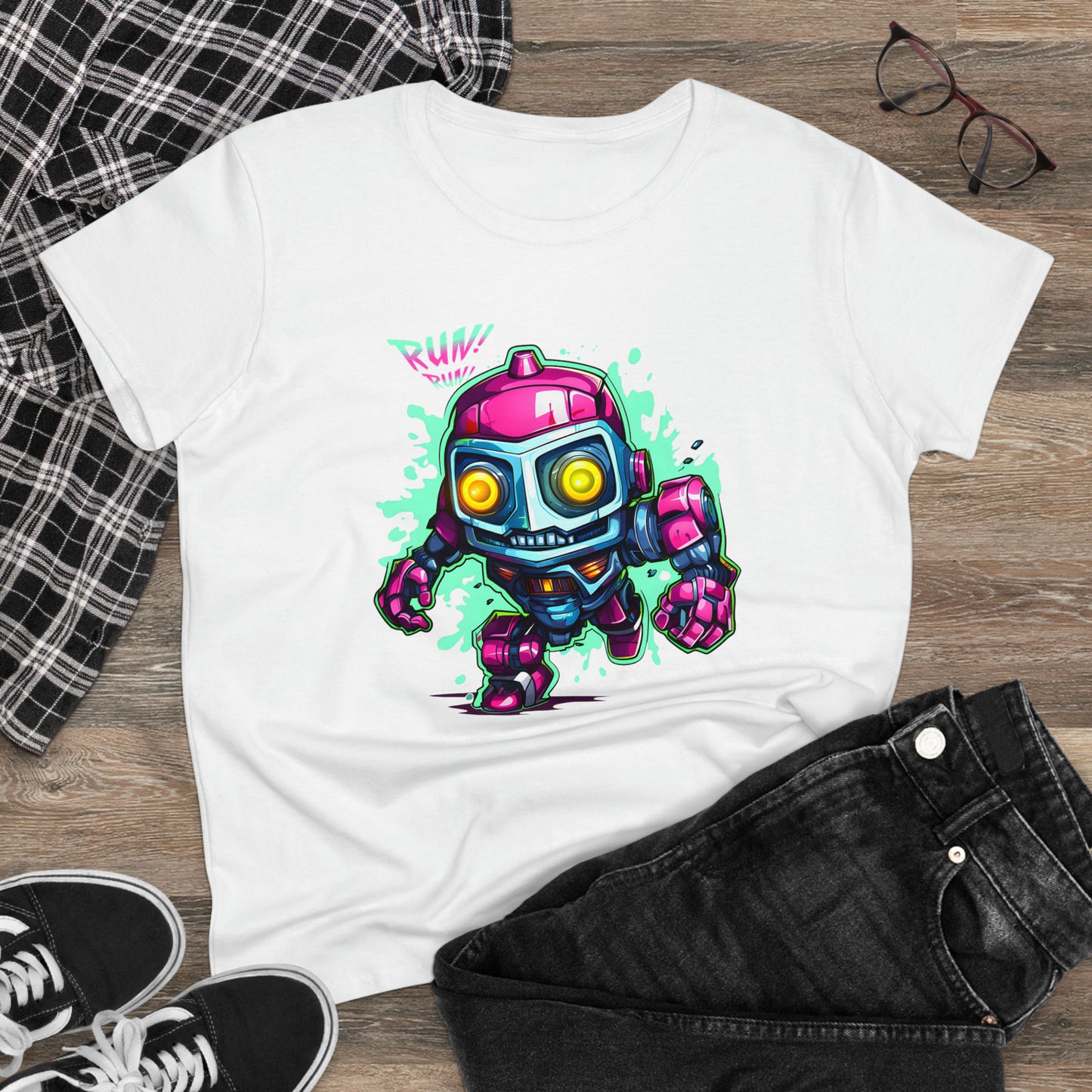 Robot, Run Run, Custom Women's Midweight Cotton Tee