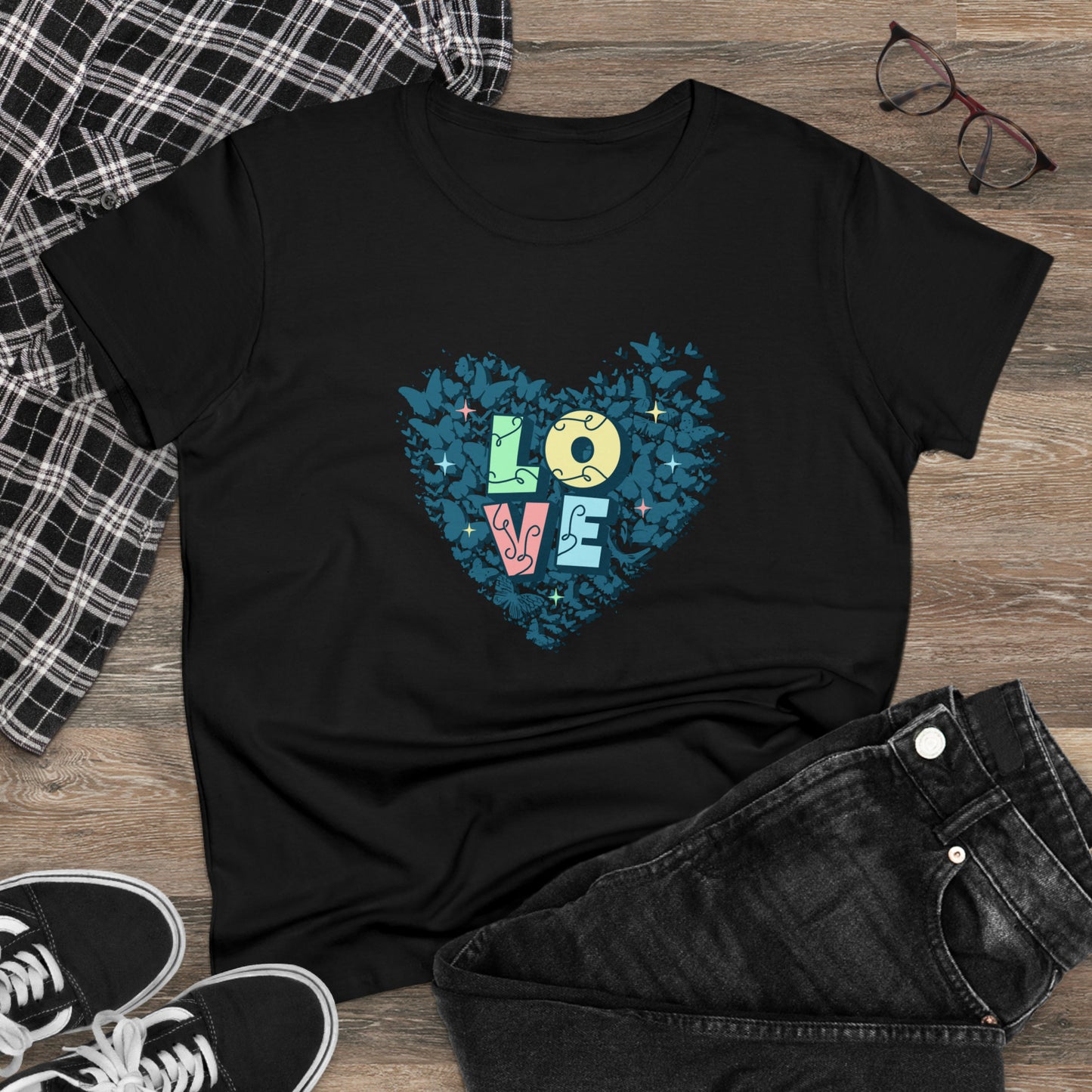 LOVE, Butterfly Heart, Women's Midweight Cotton Tee