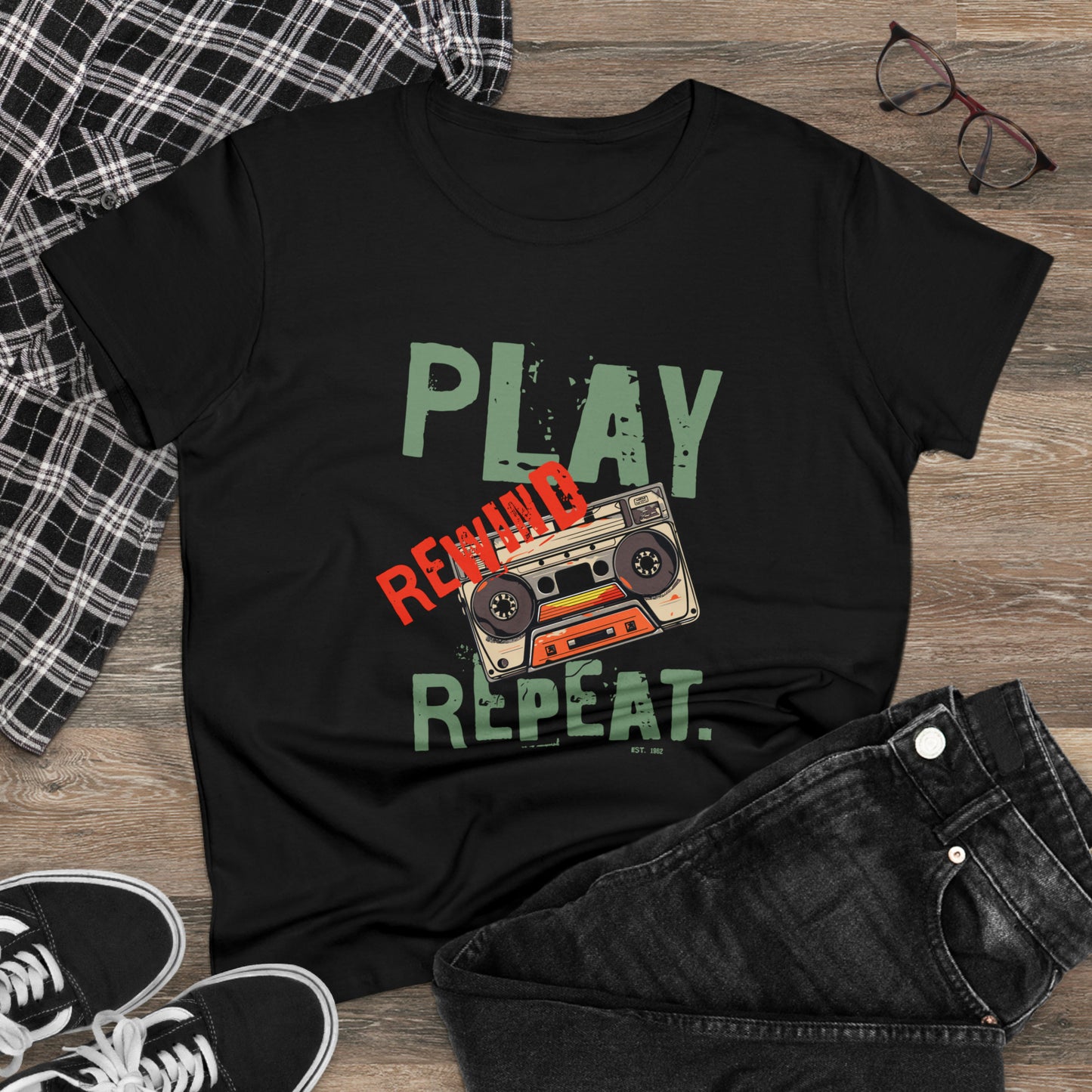 Play Rewind Repeat. Classic Cassette Tape Midweight Cotton Tee