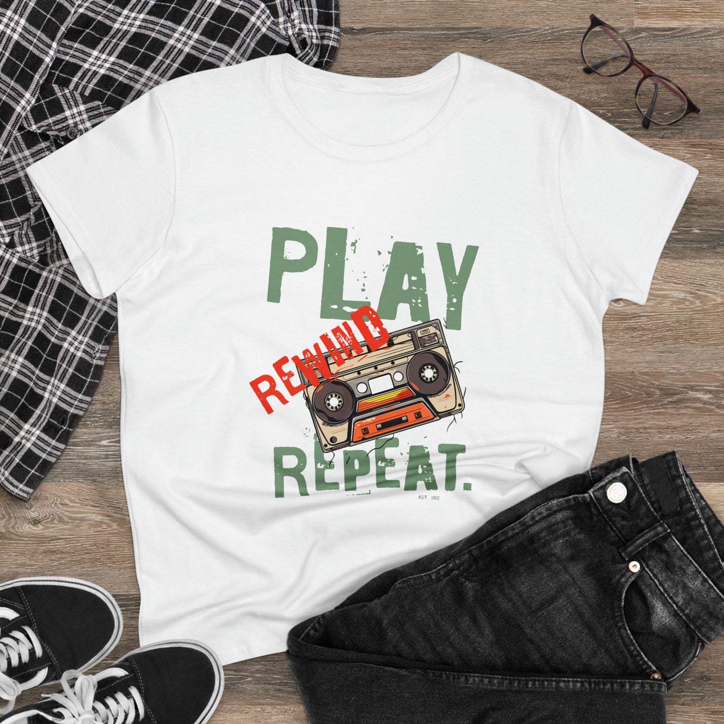 Play Rewind Repeat. Classic Cassette Tape Midweight Cotton Tee