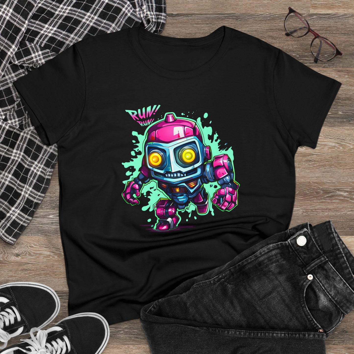 Robot, Run Run, Custom Women's Midweight Cotton Tee