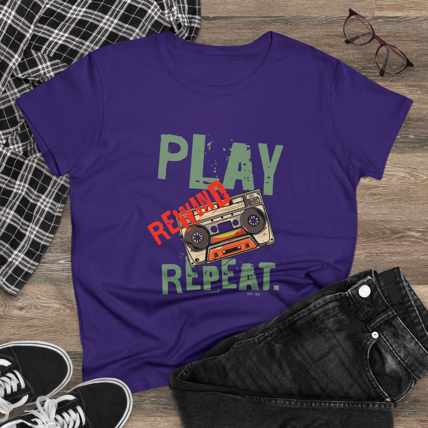 Play Rewind Repeat. Classic Cassette Tape Midweight Cotton Tee