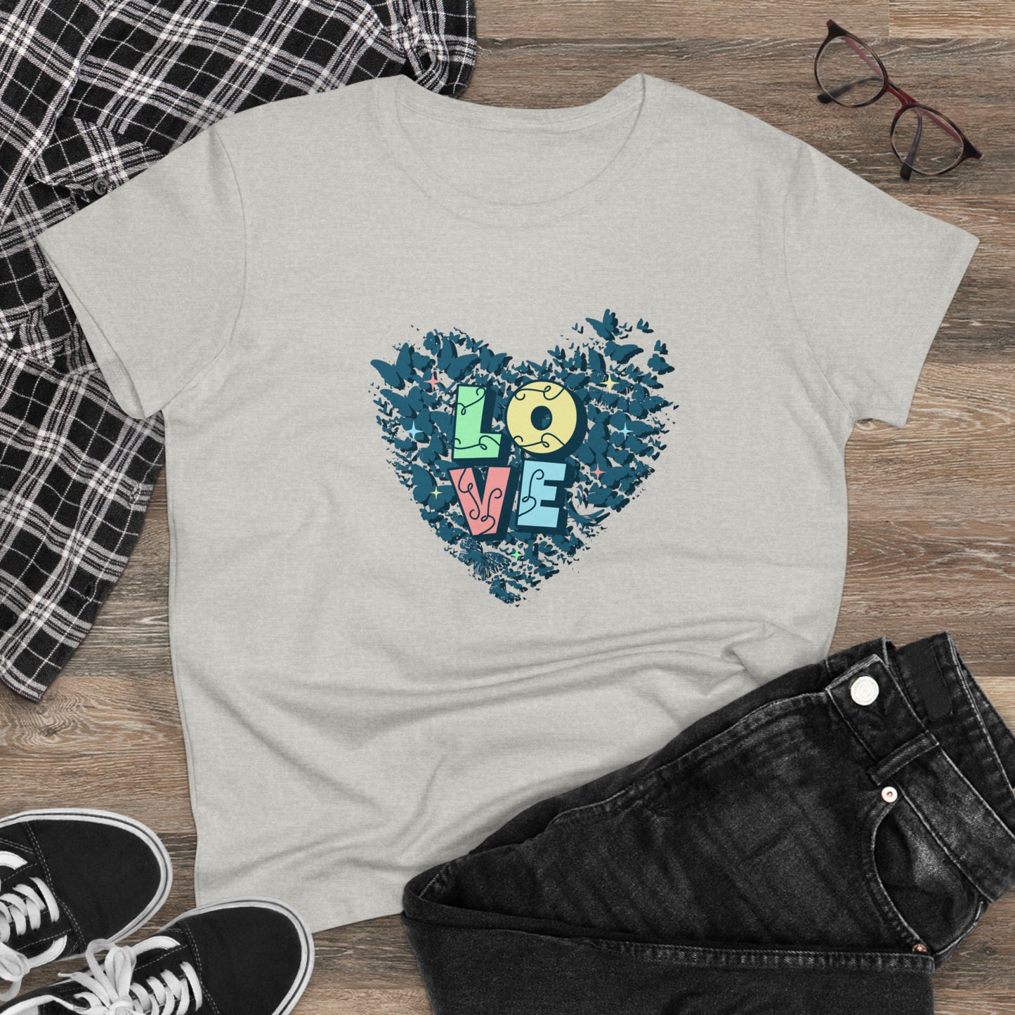 LOVE, Butterfly Heart, Women's Midweight Cotton Tee