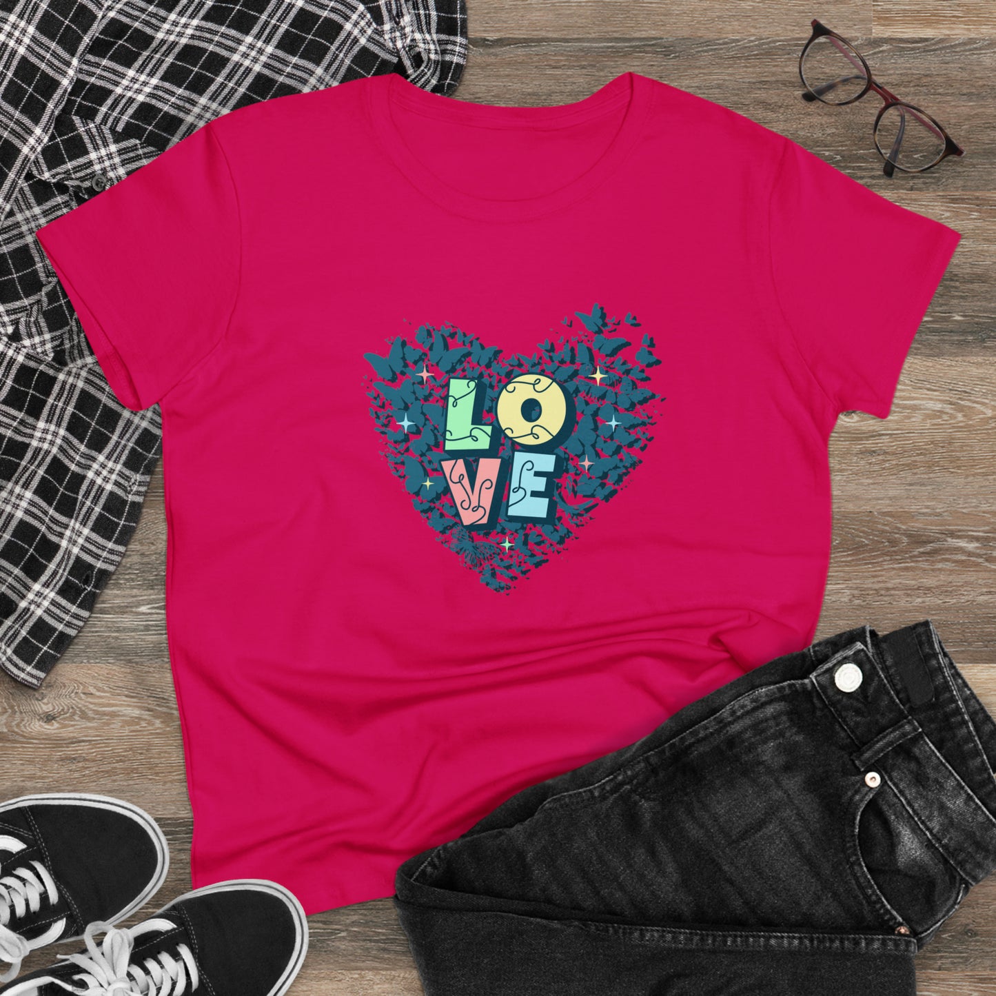 LOVE, Butterfly Heart, Women's Midweight Cotton Tee