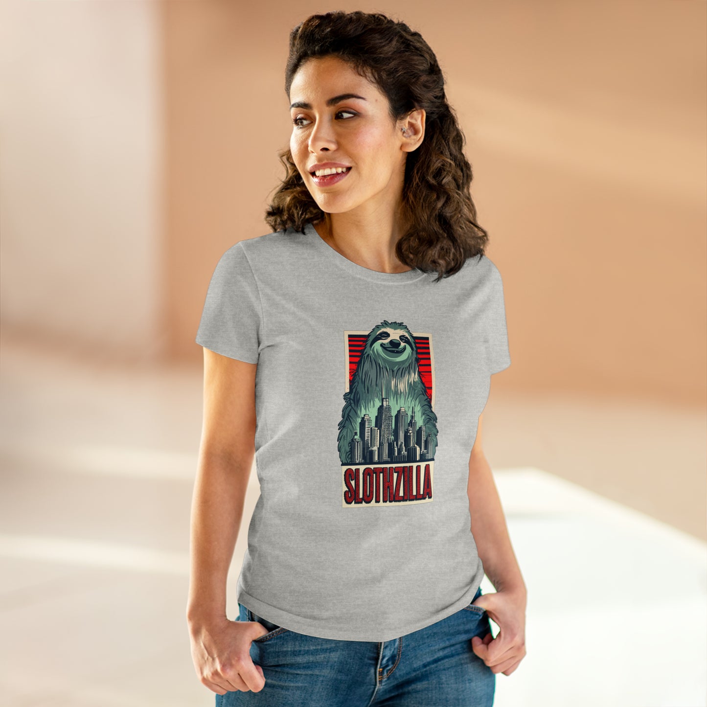 SlothZilla, City Destroying Sloth, Women's Midweight Cotton Tee