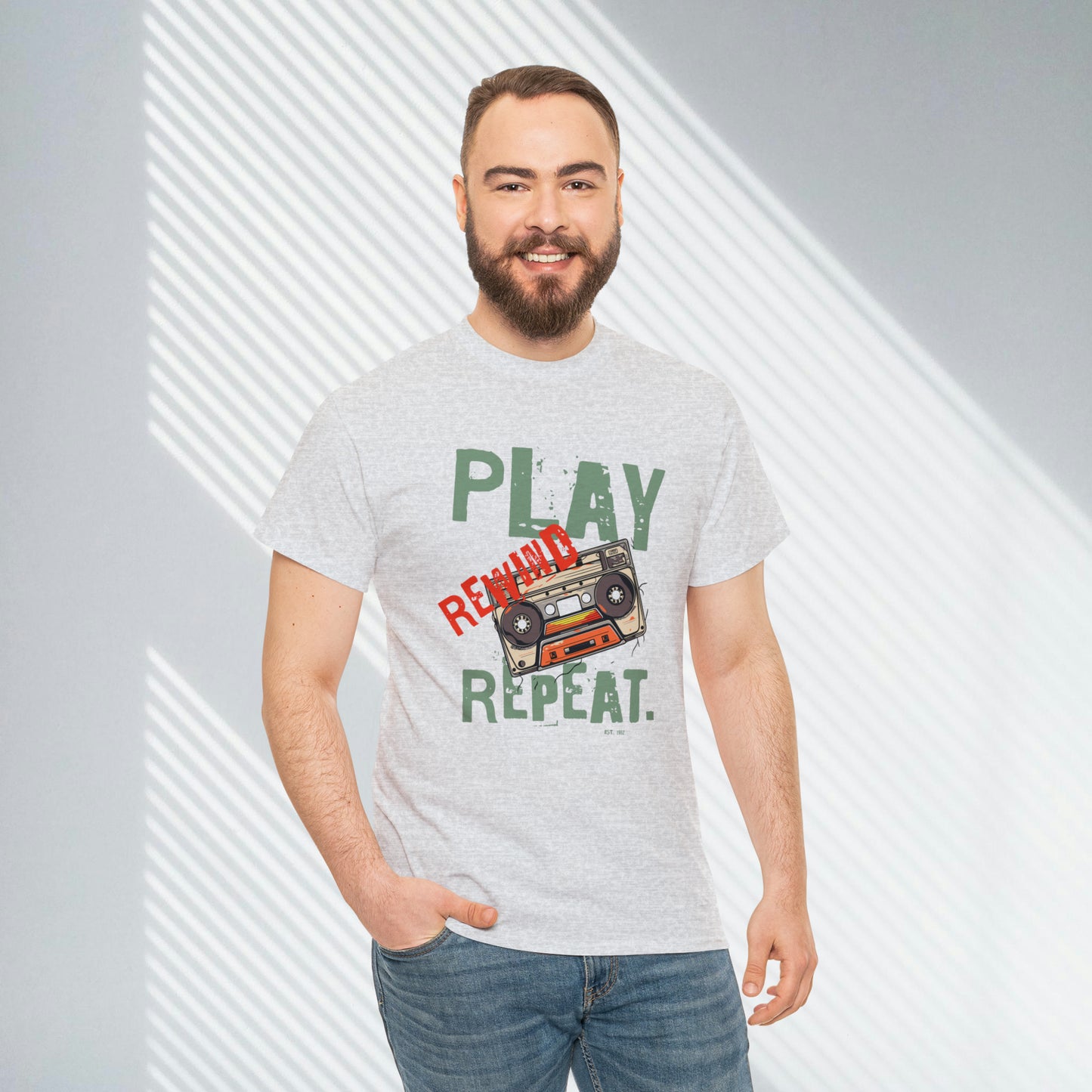 Play Rewind Repeat. Classic Cassette Tape Unisex Heavy Cotton Tee
