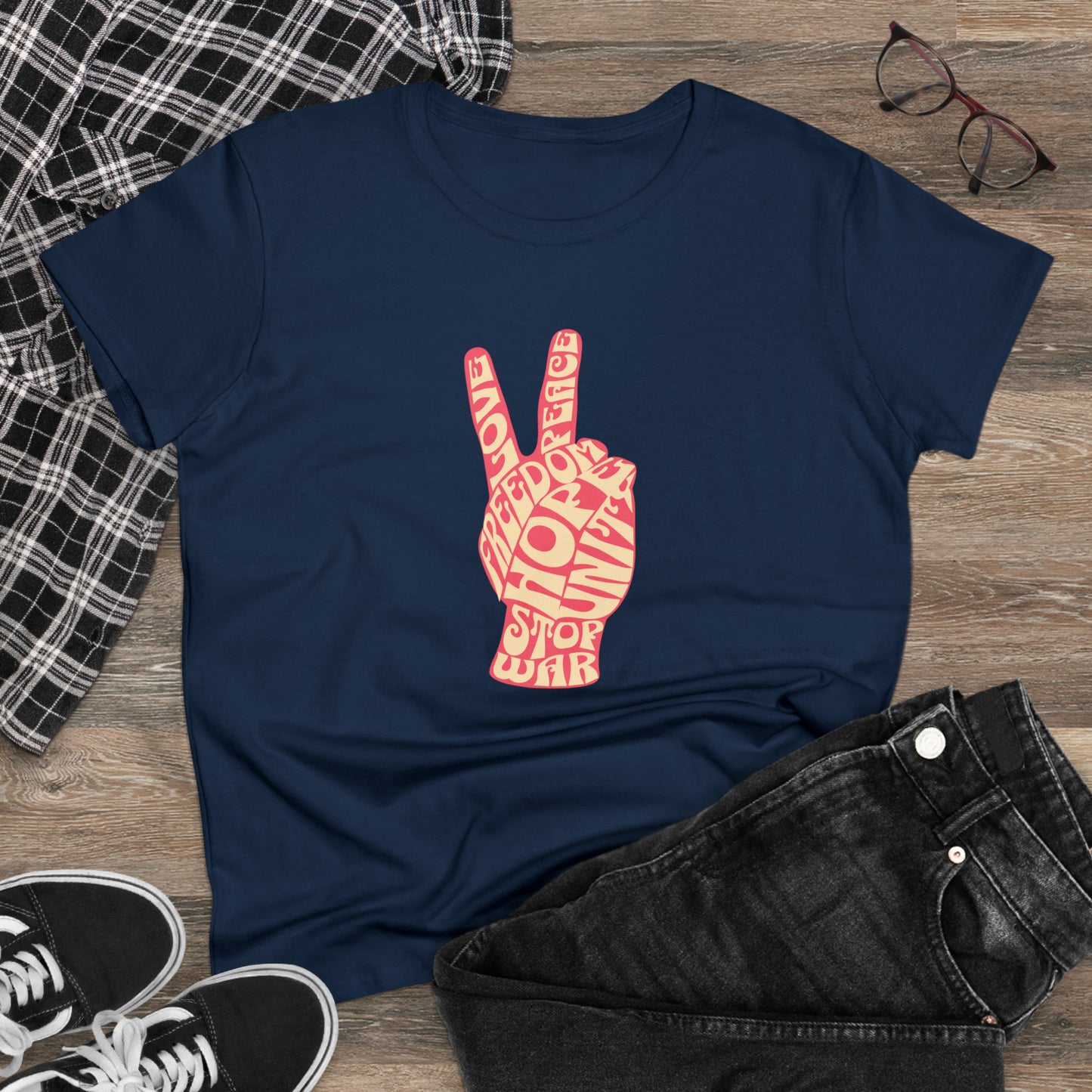 Peace, Love, Stop War, Women's Midweight Cotton Tee
