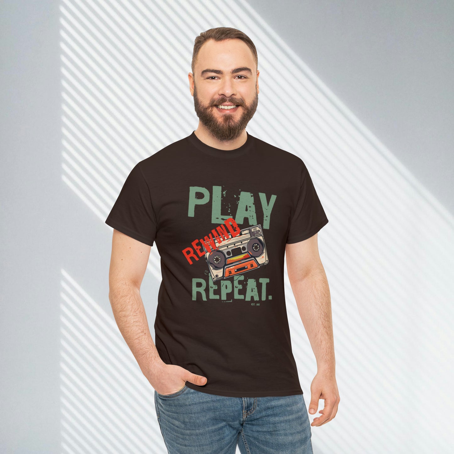 Play Rewind Repeat. Classic Cassette Tape Unisex Heavy Cotton Tee