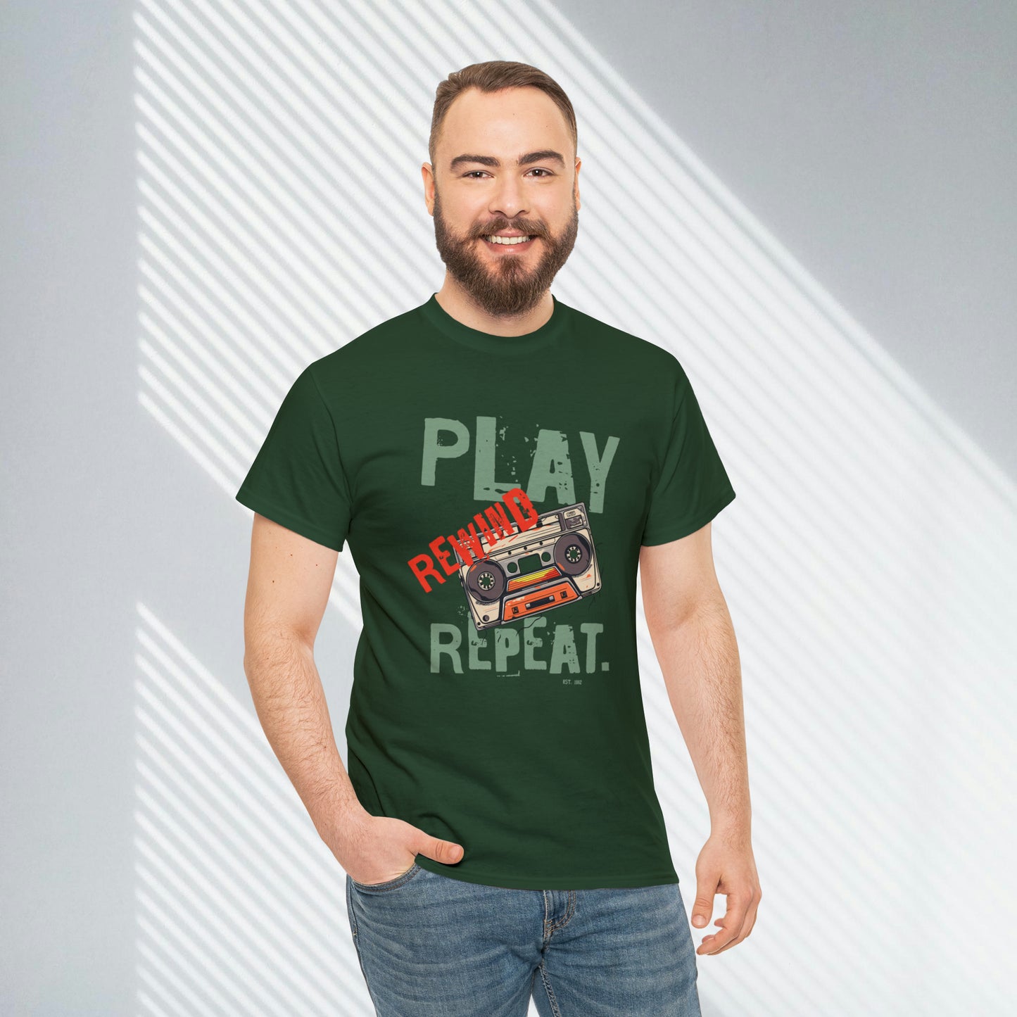 Play Rewind Repeat. Classic Cassette Tape Unisex Heavy Cotton Tee