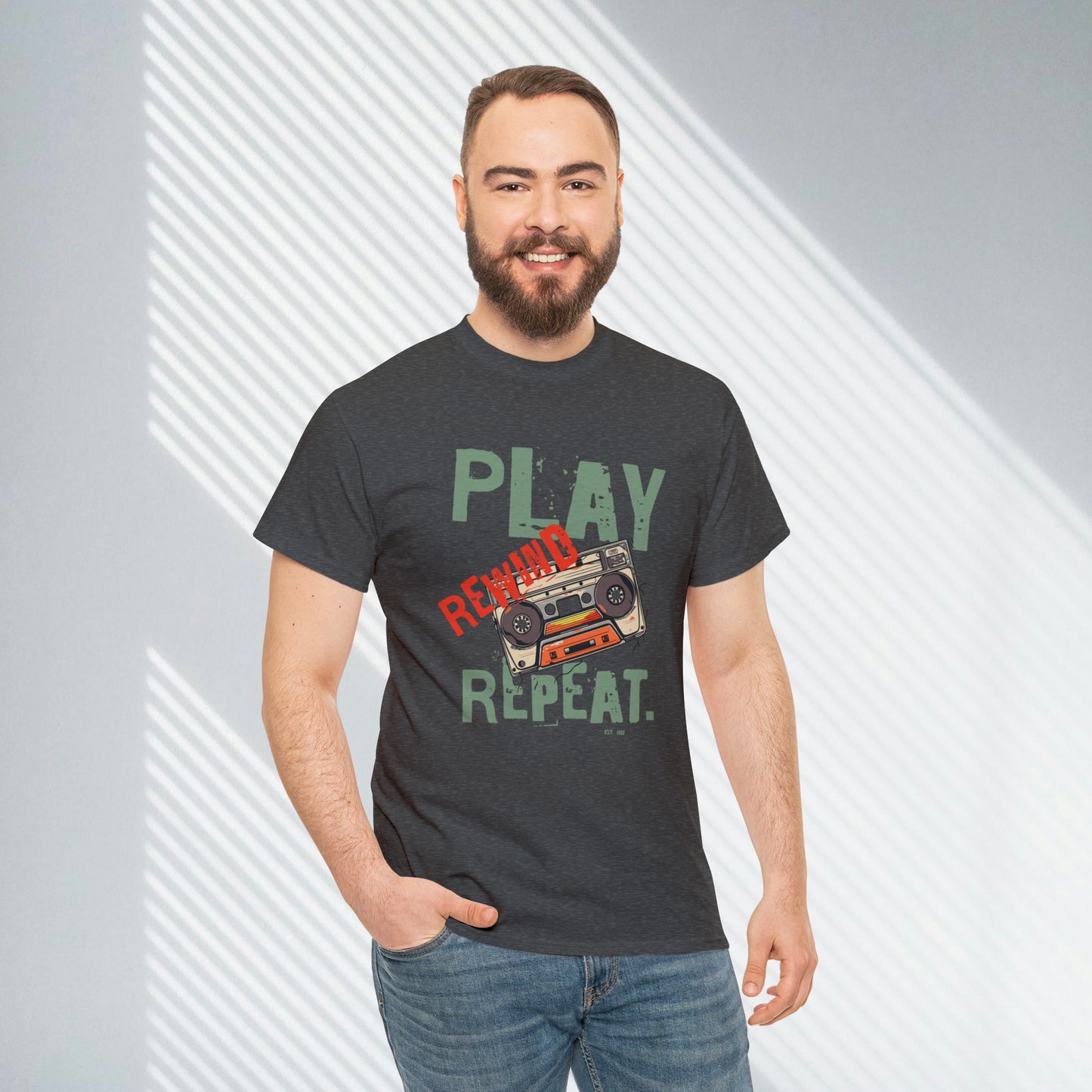 Play Rewind Repeat. Classic Cassette Tape Unisex Heavy Cotton Tee