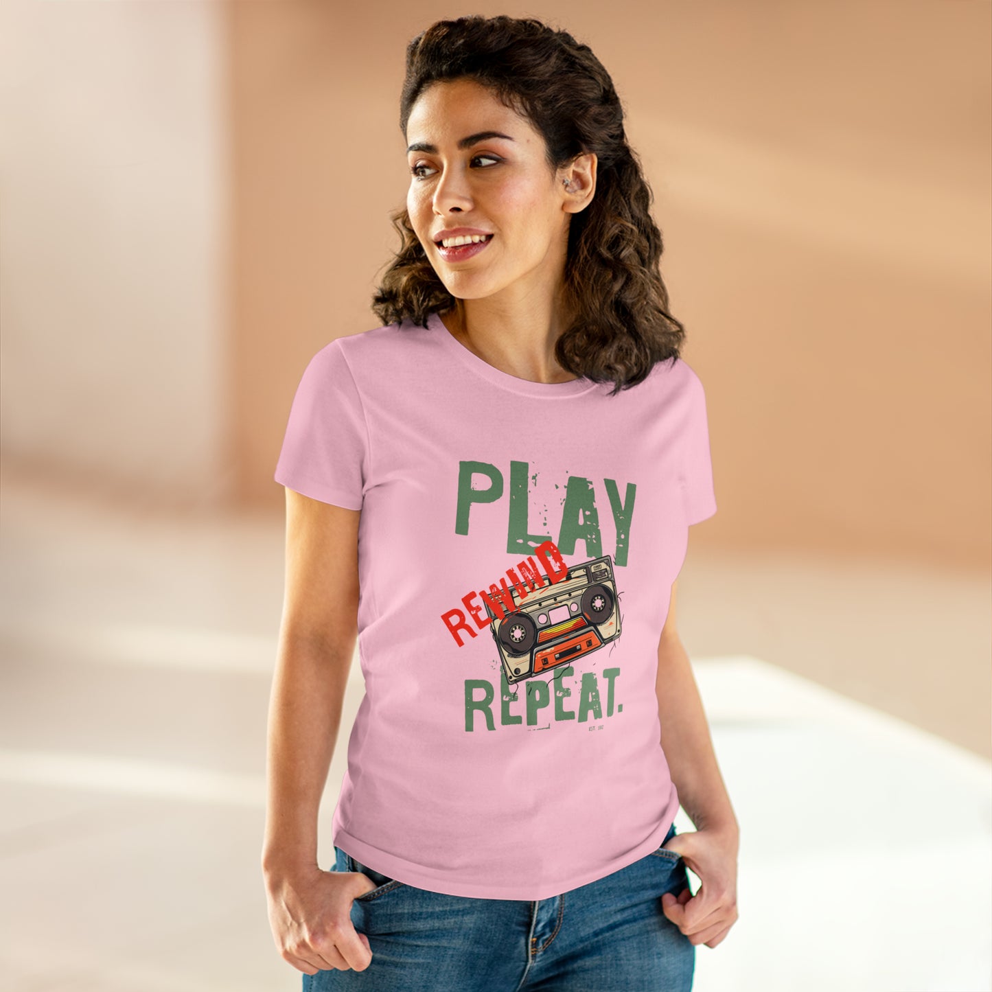 Play Rewind Repeat. Classic Cassette Tape Midweight Cotton Tee