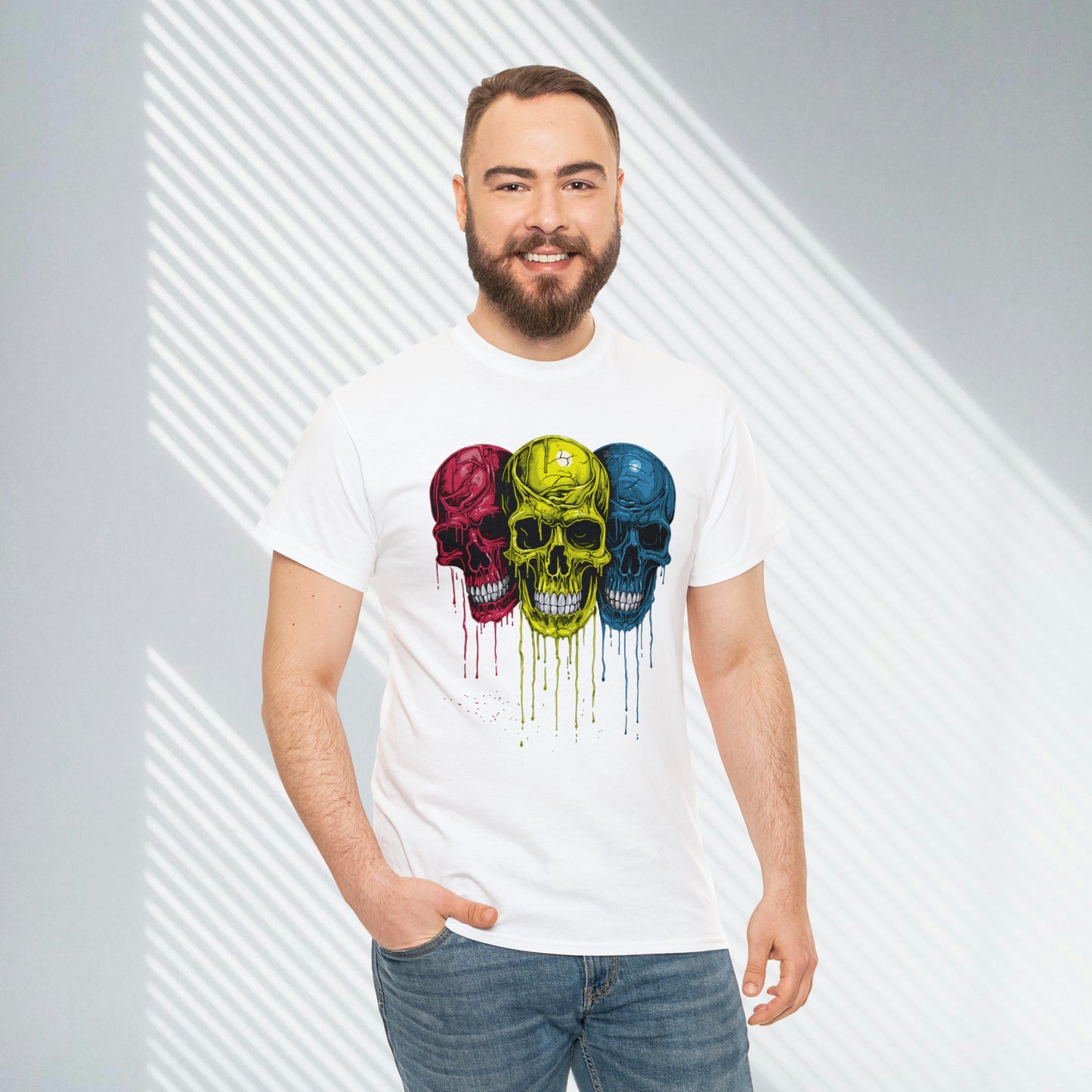 Vivid Decay, Skulls Dripping Paint, Custom Unisex Heavy Cotton Graphic Tee
