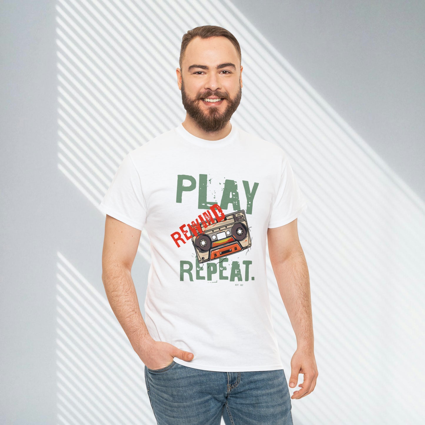 Play Rewind Repeat. Classic Cassette Tape Unisex Heavy Cotton Tee