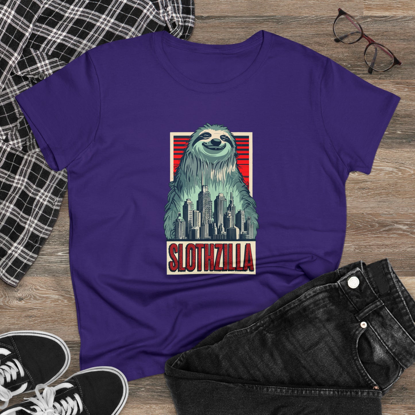 SlothZilla, City Destroying Sloth, Women's Midweight Cotton Tee