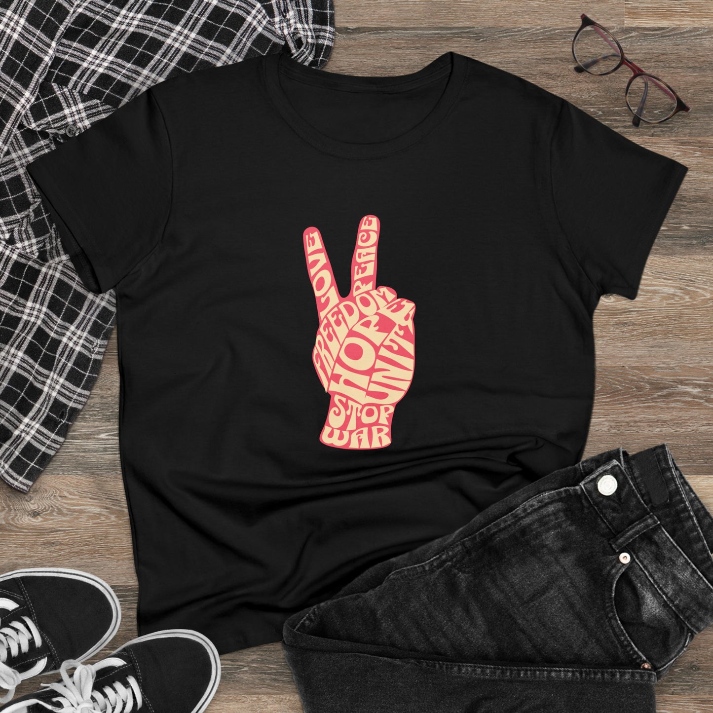 Peace, Love, Stop War, Women's Midweight Cotton Tee