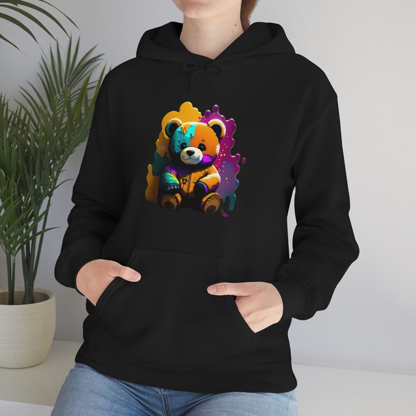 Paint Splatterd Teddy Bear, Unisex Heavy Blend™ Hooded Sweatshirt