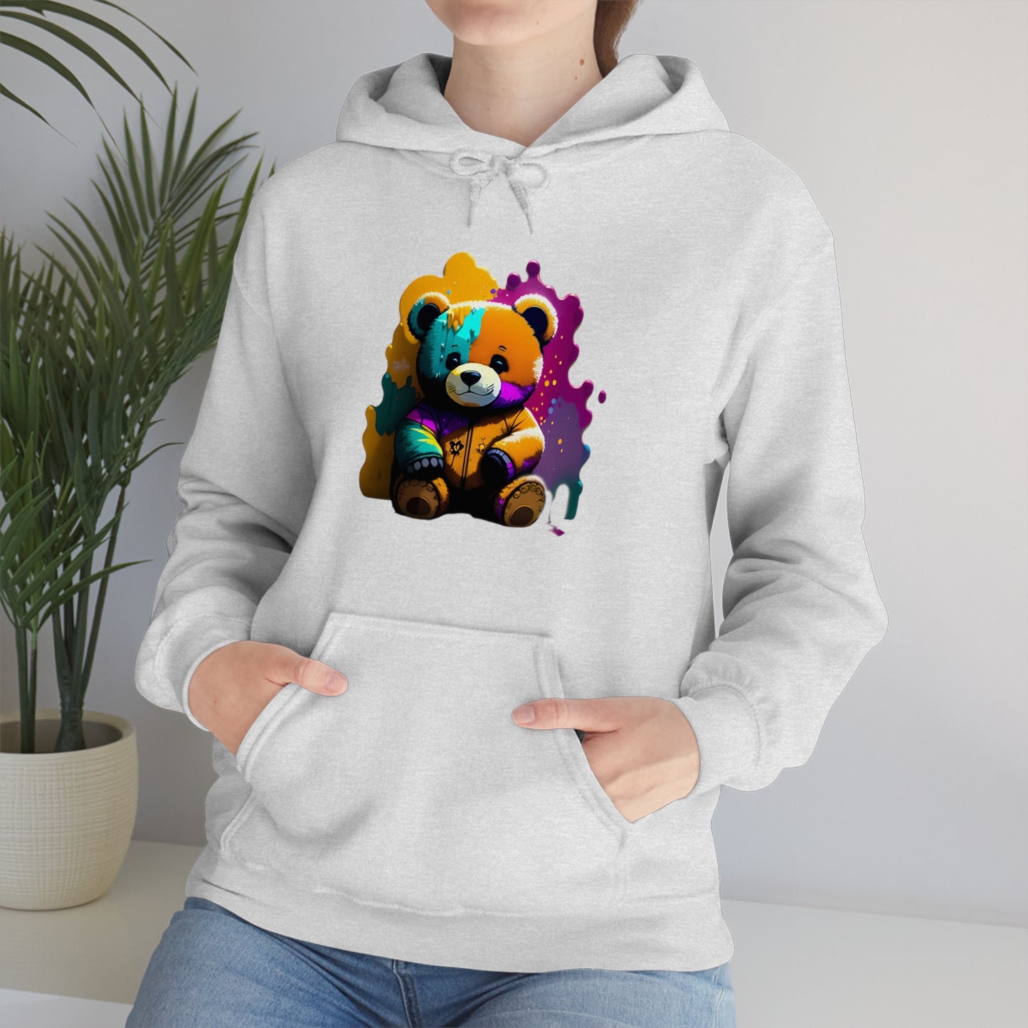 Paint Splatterd Teddy Bear, Unisex Heavy Blend™ Hooded Sweatshirt