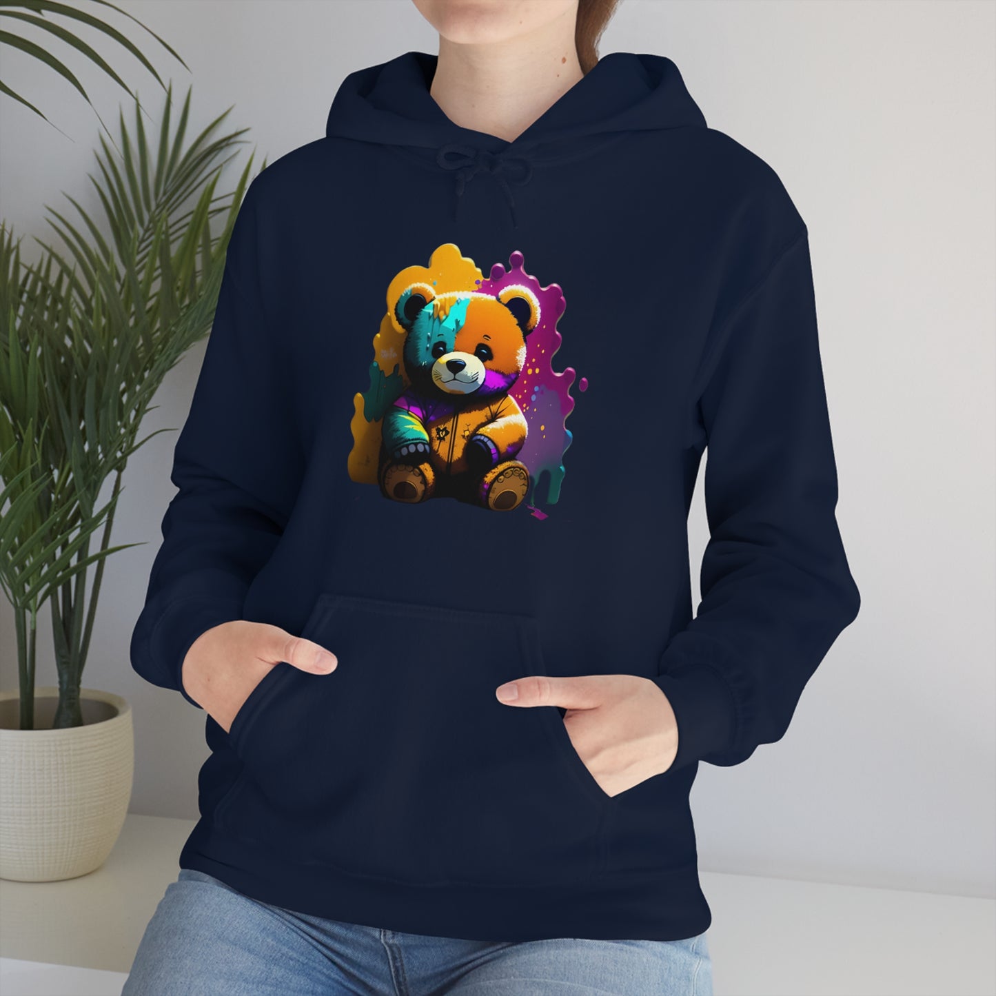 Paint Splatterd Teddy Bear, Unisex Heavy Blend™ Hooded Sweatshirt