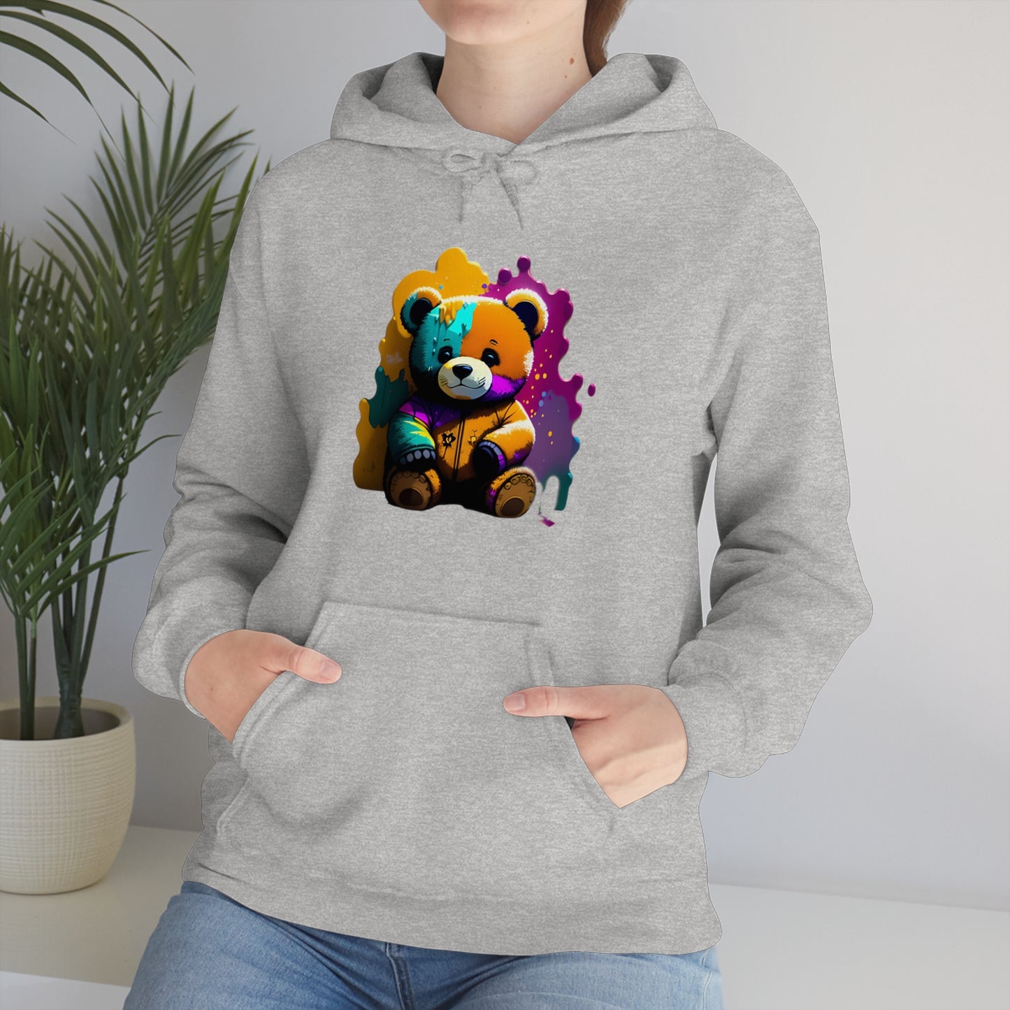 Paint Splatterd Teddy Bear, Unisex Heavy Blend™ Hooded Sweatshirt