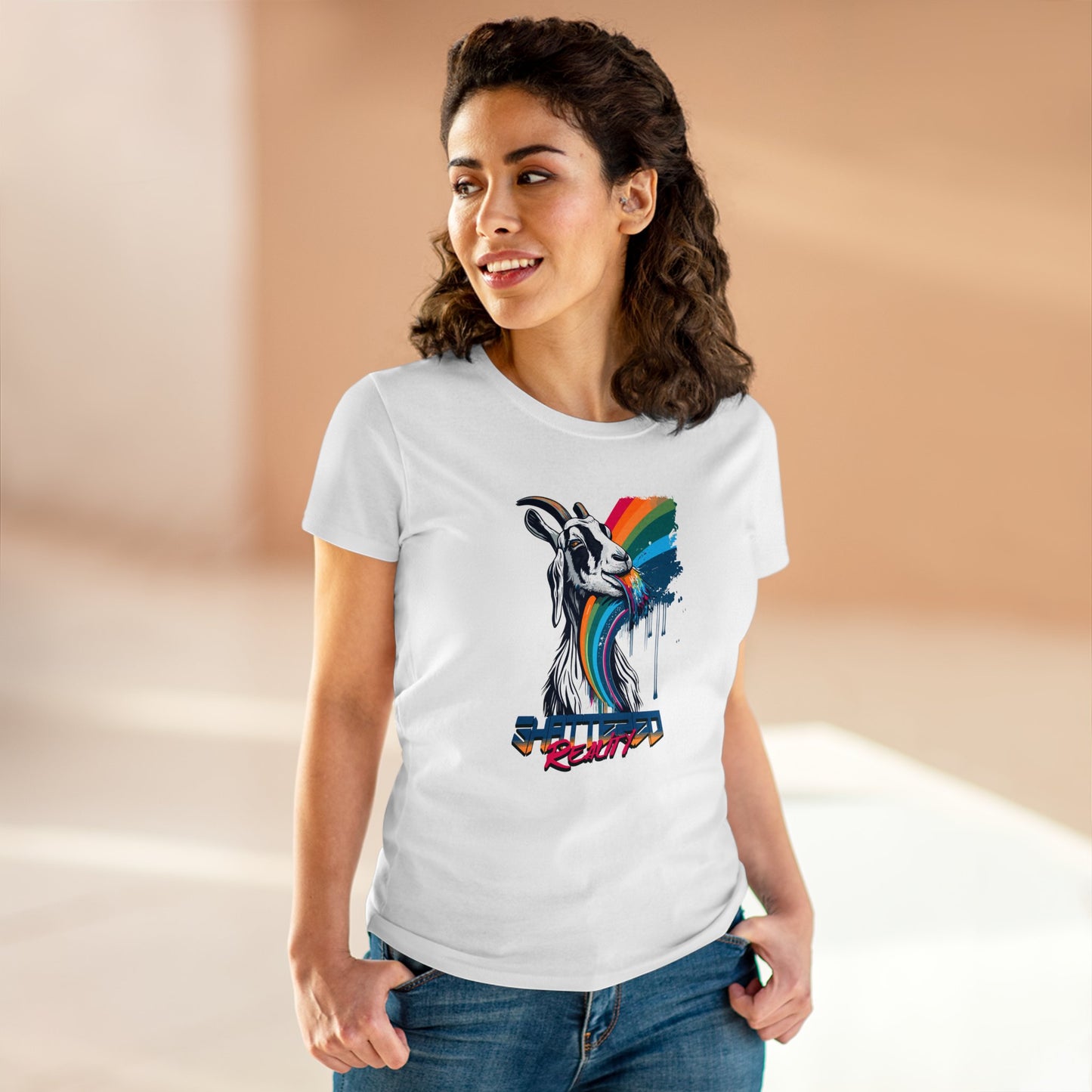 Shattered Reality, Rainbow Goat, Women's Midweight Cotton Tee