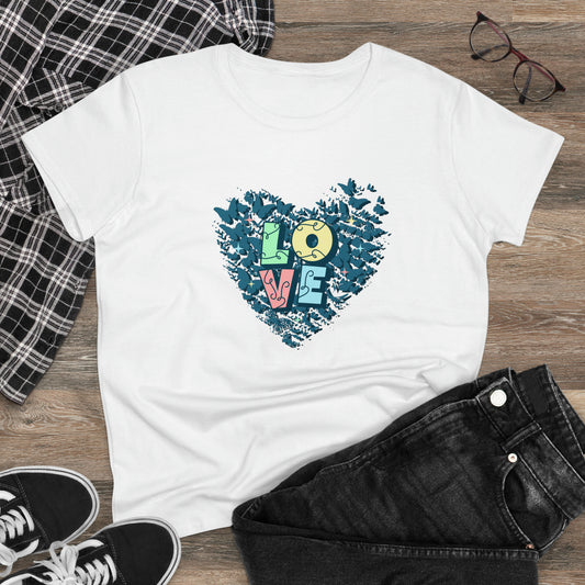 LOVE, Butterfly Heart, Women's Midweight Cotton Tee