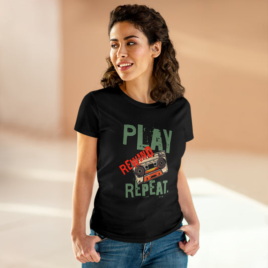 Play Rewind Repeat. Classic Cassette Tape Midweight Cotton Tee