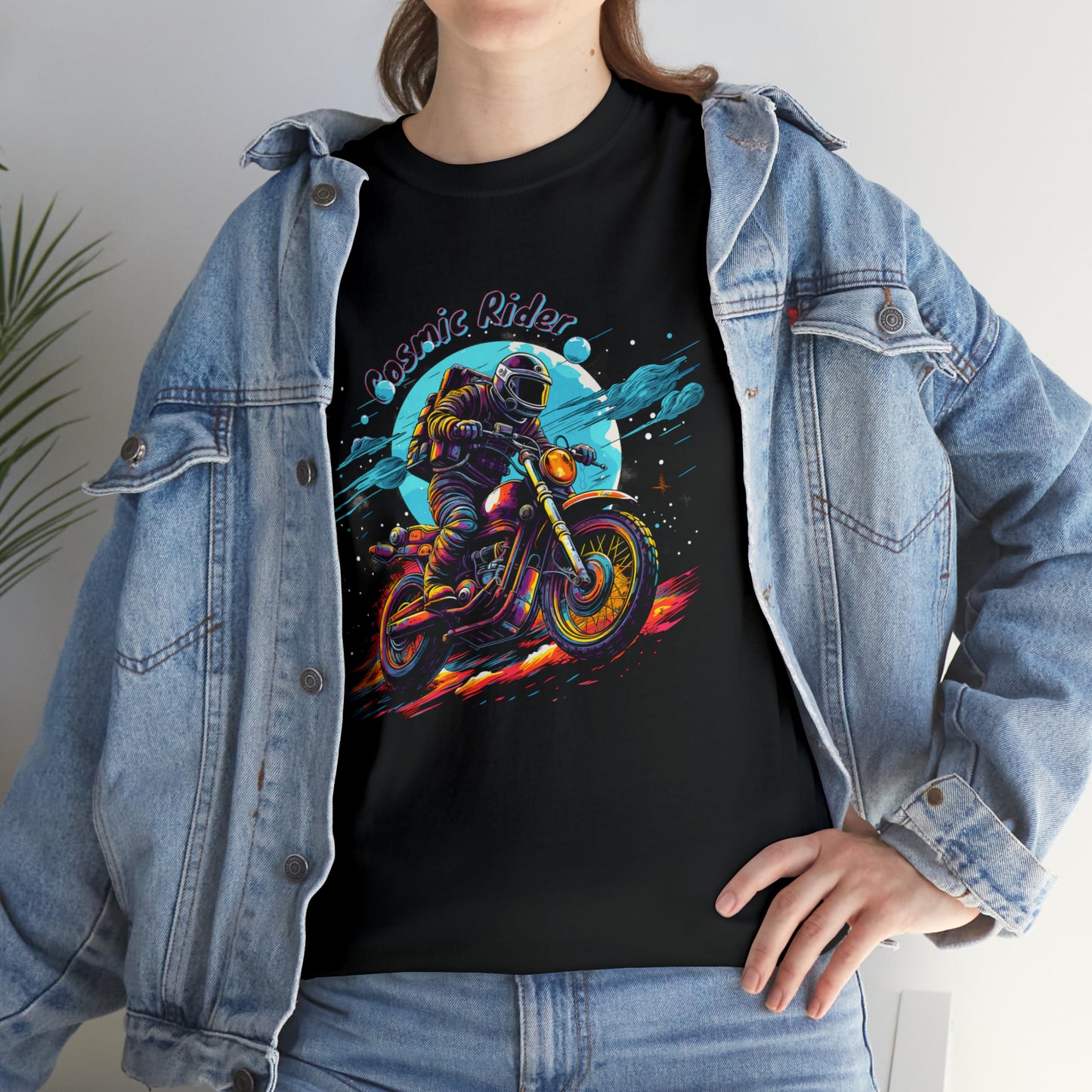 Cosmic Rider, Astronaut Riding Motorcycle, Unisex Heavy Cotton Tee